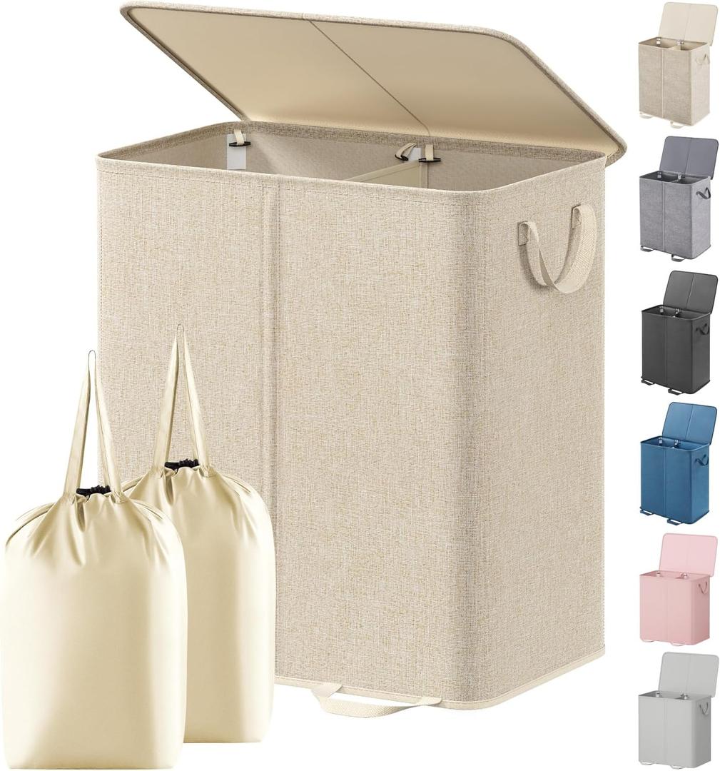 Lifewit Double Laundry Hamper with Lid and Removable Laundry Bags, Large Collapsible 2 Dividers Dirty Clothes Basket with Handles for Bedroom, Laundry Room, Closet, Bathroom, College, 136L Beige