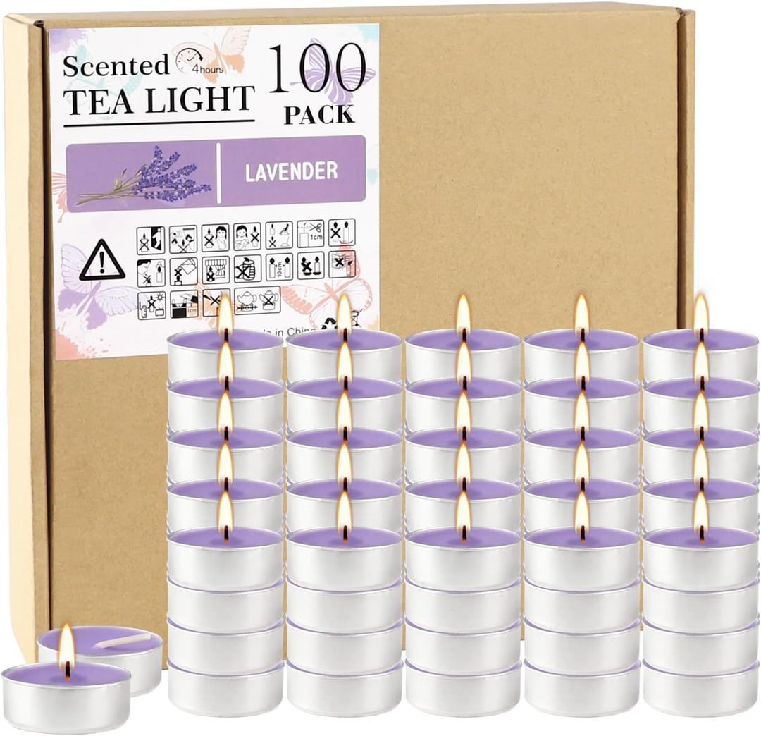 Purple Scented Tealight Candles - 100 Pack Votive Candles Bulk - Lavender Fragrance Tea Light Candle Gift Set for Holiday, Wedding and Home - 4 Hour