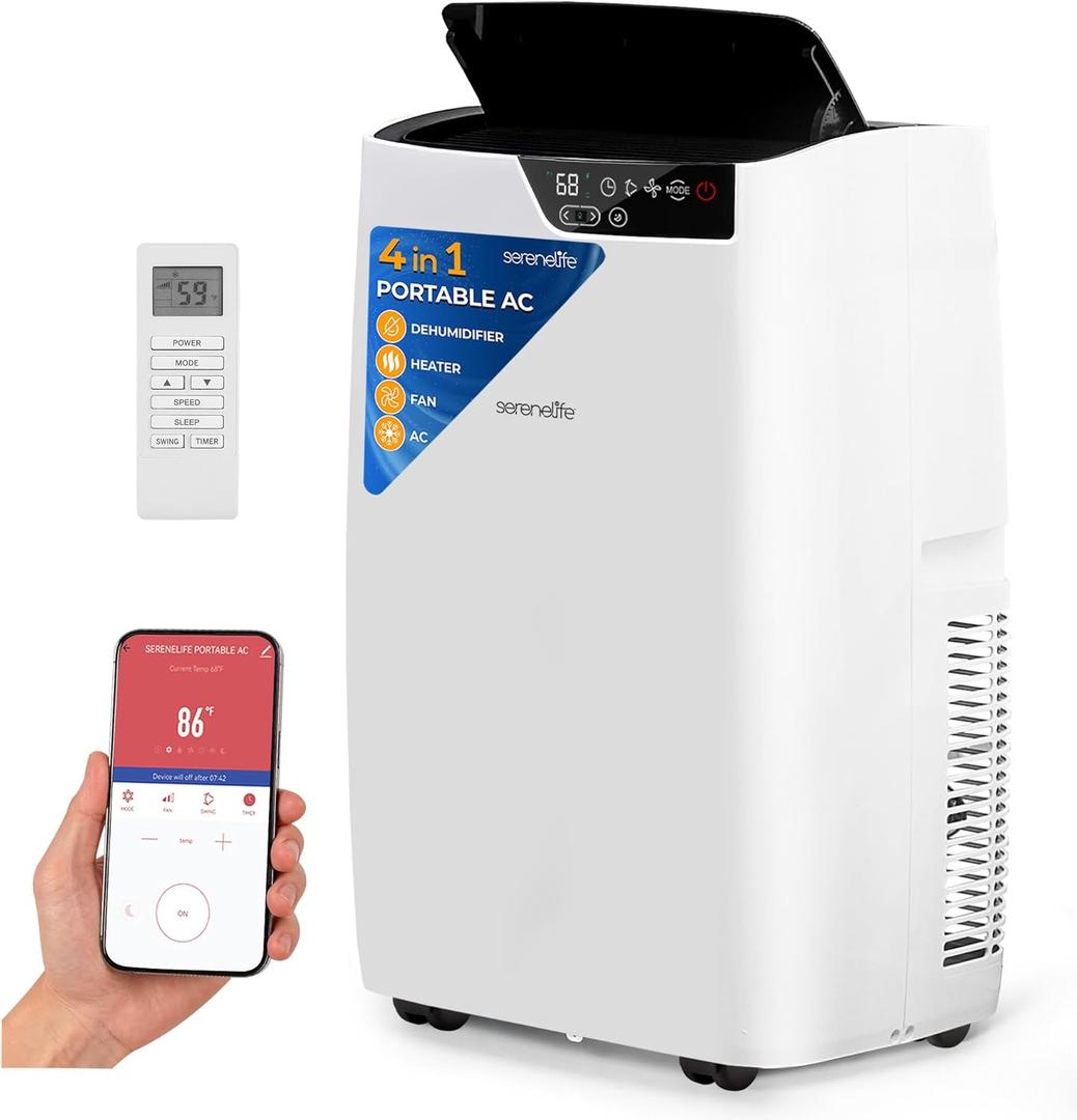 SereneLife Portable Air Conditioner 12000 BTU, 4-in-1 Compact Standing Air Conditioner for Room Up to 380 Sq. Ft., Touch Control Panel, High Efficiency CEER 7.22 and Auto Mode for Easy Operation