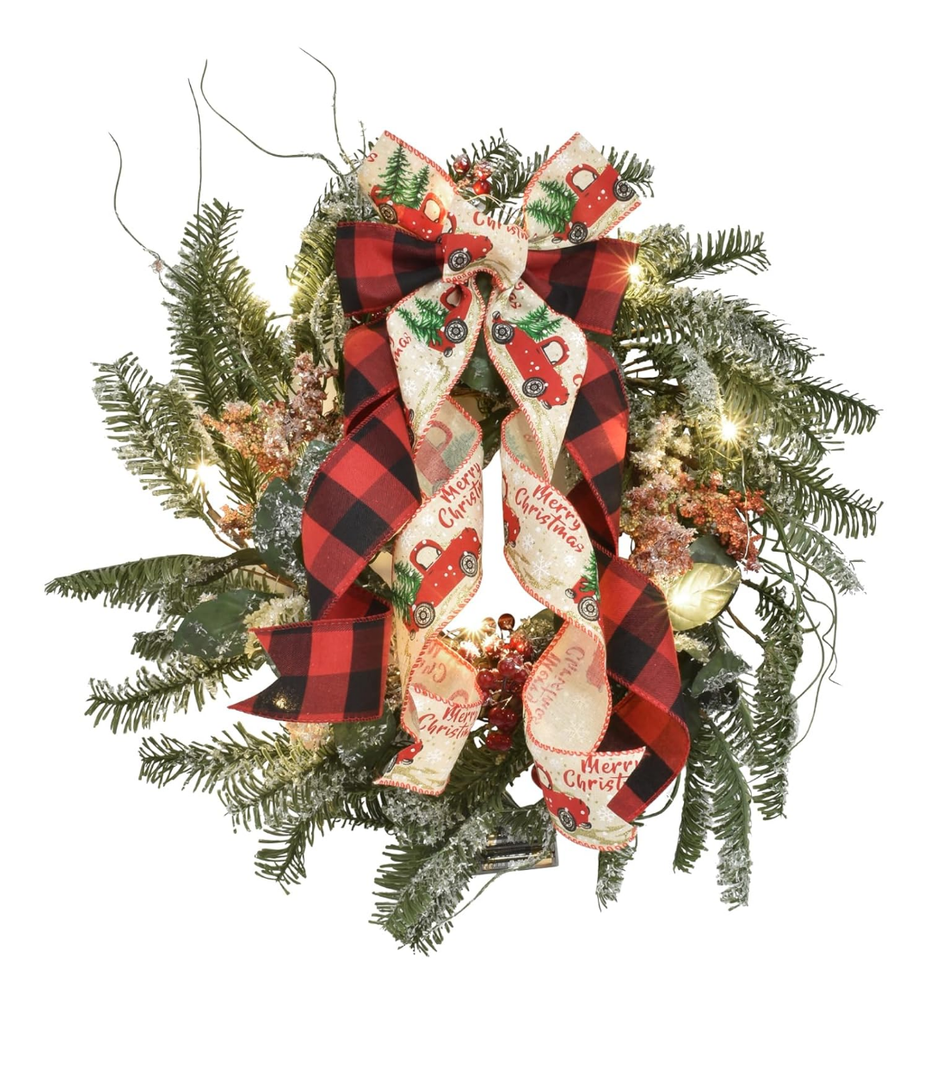 Christmas Wreath with Lights, 18 Inch Lighted Outdoor Christmas Wreath - Prelit Winter Xmas Door Wreath with Berry, Pine Leaf for Thanksgiving Holiday Wall Window Decorations