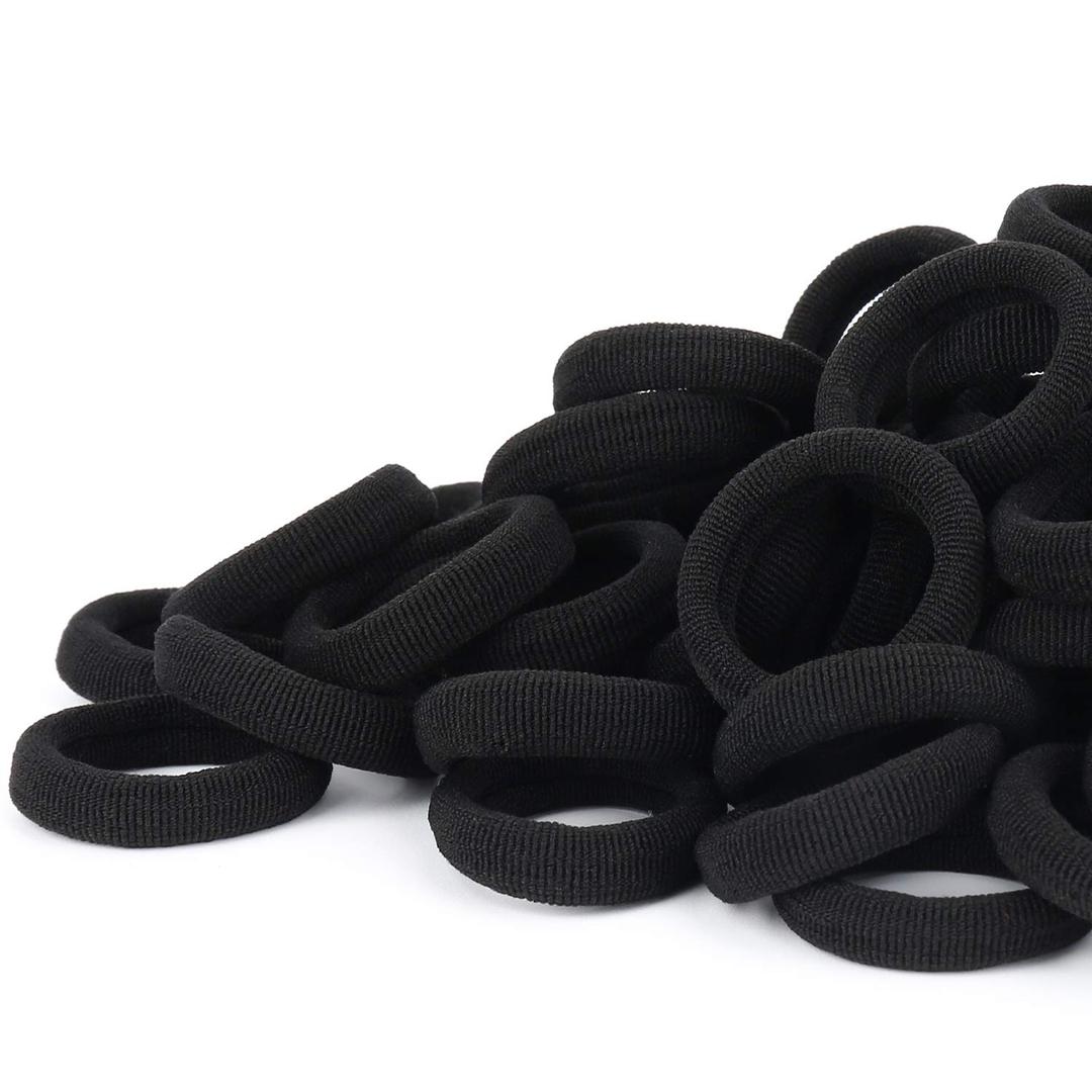 Black Seamless Hair Ties Cotton Hair Bands Tiny Elastics Ponytail Holders for Toddlers, 1 Inch in Diameter, Black, by Nspring