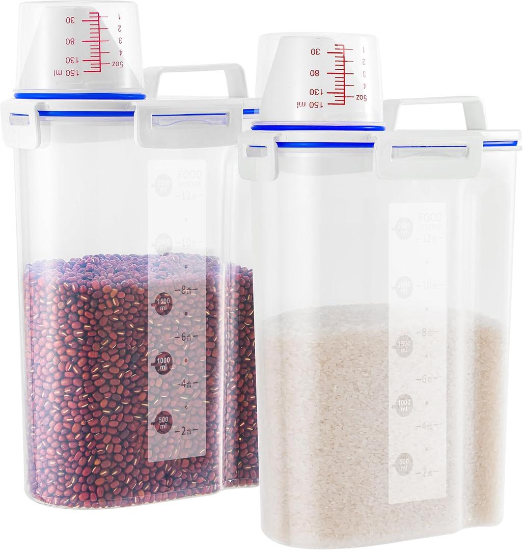 2 Pcs Set Rice Dispenser Storage Containers, 10 Lbs Small Rice Bucket with Measuring Cup & Pour Spout, Kitchen Plastic Airtight Container for Cereal, Grain, Flour, Sugar, Oatmeal, Dry Pet Dog Food (Blue-2)