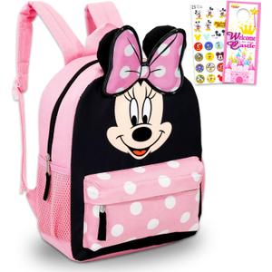Disney Minnie Mouse Backpack for Girls Toddlers Kids - Bundle with 12" Preschool Toddler Backpack with Ears, Bow, and Stickers (Minnie Mouse School Supplies)