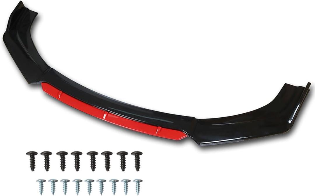 WFLNHB Universal Front Bumper Lip 4 Pieces Kits Spoiler Splitter 2 Layer Lip Glossy Black with Red Tongue