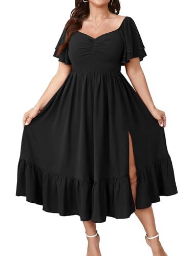 SCOMCHIC Womens Plus Size Wedding Guest Cocktail Dresses Sweetheart Neckline Short Sleeve Smocked Ruffle Slit Maxi Dress Black, 4XL
