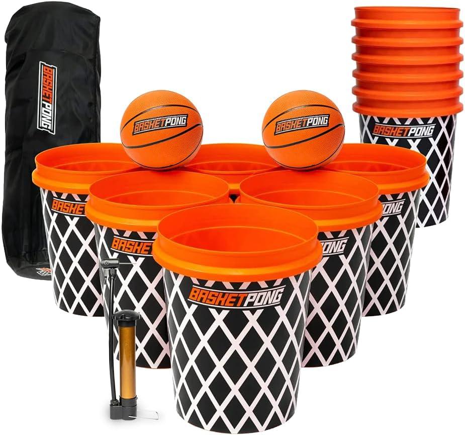 BasketPong Giant Yard Pong and Basketball Game with 12 Buckets, 2 Balls, Carrying Bag, and Air Pump Outdoor Game for Lawn, Backyard, Beach, and Parties