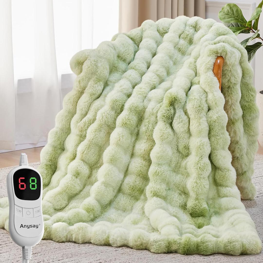 Heated Blanket Throw with 1/2/4/6/8 Hours Auto-Off 10 Heat Level, 72'' * 84'' Cozy Faux Rabbit Fur Bubble Electric Blanket with Overheat Protection(Tie-Dye Green)
