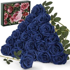 20PCS Artificial Dusty Blue Roses, 3.9'' Silk Flower Head Fake Blue Rose with Long Stems, Realistic Faux Roses Bouquet for Mother's Day DIY Wedding Home Party Office Decoration