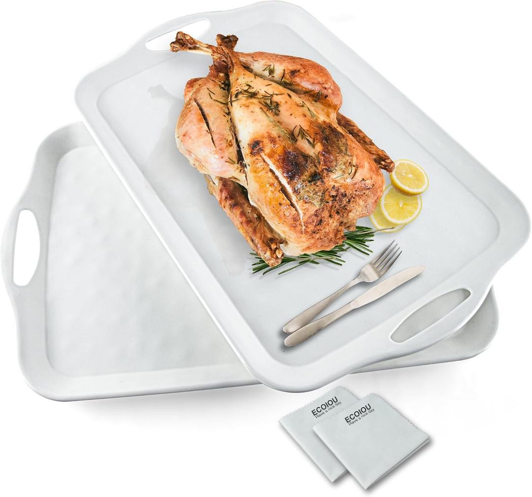 ECOIOU Extra Large Serving Tray with Handles, 20x13 inch, Set of 2 Melamine Platters for Serving Food, Turkey, Cookie, Rectangular Trays for Eating, Raised Dots Matt Finished, Dishwasher Safe, White