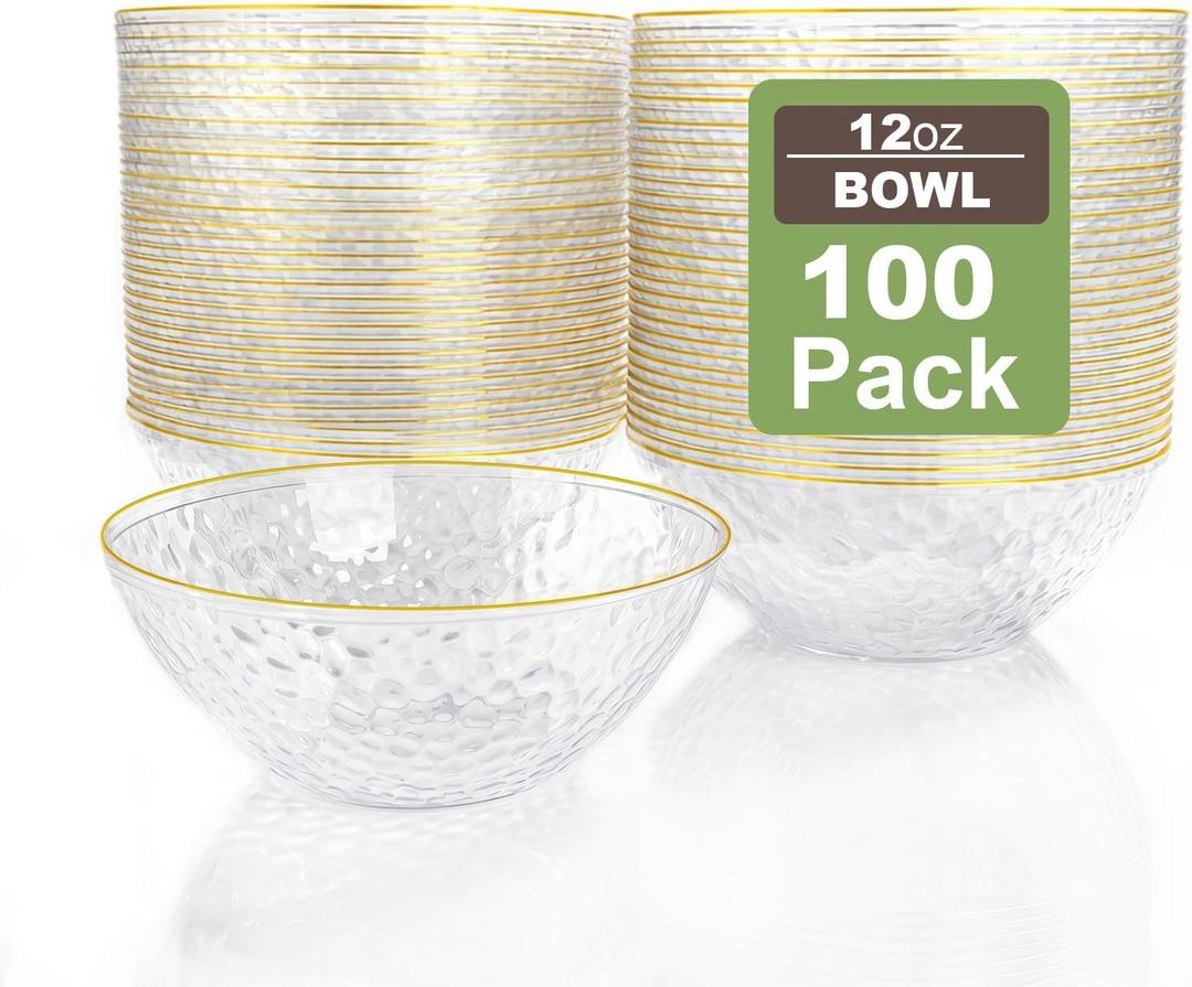 Rubtlamp 100 Pack Clear Disposable Bowls, Clear Plastic Bowls with Gold Rim, 12-16oz Premium Heavy Duty Plastic Hammered soup Bowls for Milk Cereals, Snacks, Salads