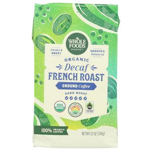 Whole Foods Market, Organic Decaf Ground Coffee, Dark French Roast, Smoky & Sweet, Smooth & Balanced, 12 Ounce (EXP 05/24/26)