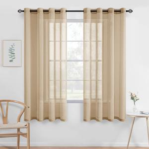 MIULEE 2 Panels Beige Khaki Sheer Window Curtains Elegant Grommet Top Window Voile Drapes/Treatment Linen Textured Panels for Bedroom Living Room (54X63 Inches)