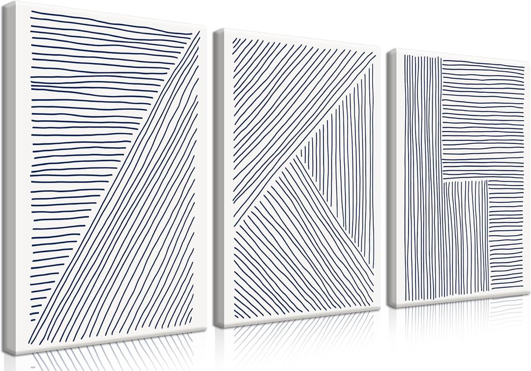 Abstract Wall Art Set of 3 - Modern Navy Blue Wall Decor Neutral Boho Lines Canvas Artwork Posters Prints Framed 1216 Inch for Living Room Bedroom Office Home Decoration