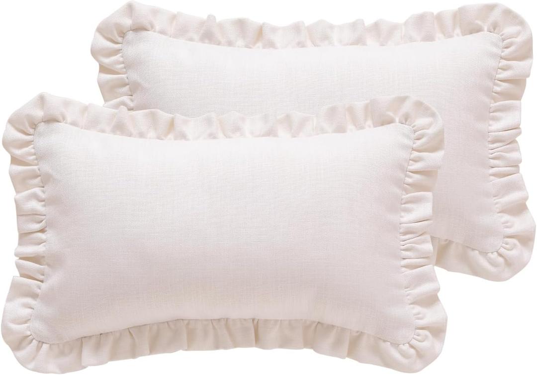 2 Pcs Classic White Lumbar Throw Pillow Cover 12"x20", Solid Color Cottage Linen Cotton Decor Pillow Cover with Ruffles,Sturdy Rectangle Throw Pillow Case for Couch Sofa Bed Living Room