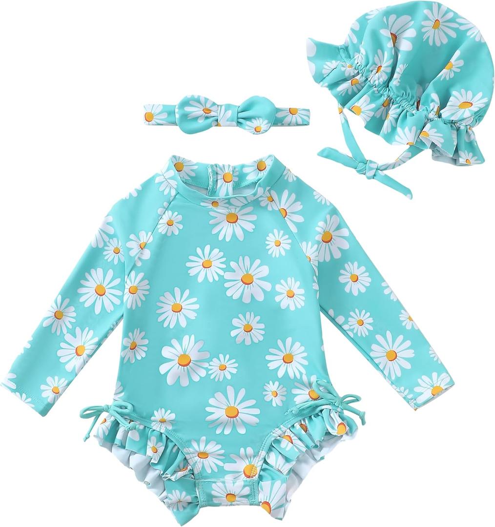 Renotemy Baby Girls Swimsuit Drawstring Zip Bathing Suit Long Sleeve One-Piece Rash Guard Swimwear with Hat for Infant Girl (3-6 Months, Mint Blue)