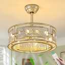 KAISITE Farmhouse Fandelier Ceiling Fan with Lights 19 Inch Gold Rustic Vintage Crystal Ceiling Fan Antique Fandelier Semi Flush Mount Bladeless Chandelier Fan for Bedroom Living Room Dining Room, Large