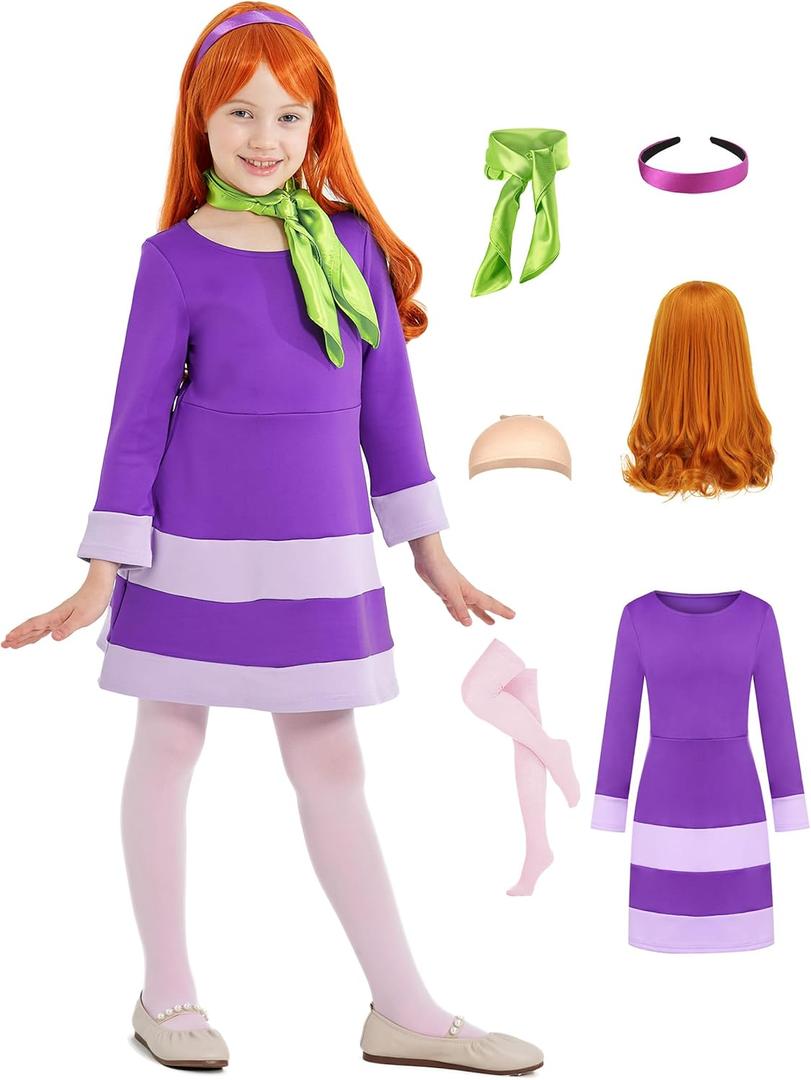 Daphne Costume Dress Kids Girls Halloween Costume Deluxe Cosplay Outfits Wig Scarf Headband Stockings Accessories (3-4 Years)