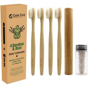Gaia Guy Bamboo and Boar Bristle Toothbrush (4 Pack) + Travel Case & Silk Dental Floss | 100% Compostable Bristles and Floss | Eco-Friendly Dental Set | Biodegradable & Compostable Wooden Toothbrushes