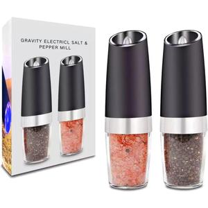 Sweet Alice Gravity Electric Pepper and Salt Grinder Set, Adjustable Coarseness, Battery Powered with LED Light, One Hand Automatic Operation, Stainless Steel Black, 2 Pack