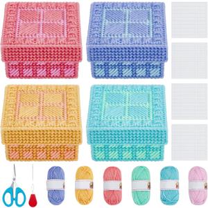 FREEBLOSS 4 Set Plastic Canvas Box Kit Plastic Canvas Kit for Beginners Mesh Canvas Sheets and 6 Colors Yarn for Embroidery Crafting, Knitting Projects