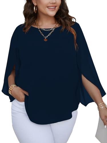 SCOMCHIC Plus Size Blouses for Women Summer Chiffon 3/4 Sleeve Tunic Tops Dressy Scoop Neck Casual Loose Flowy Shirts Navy 4XL