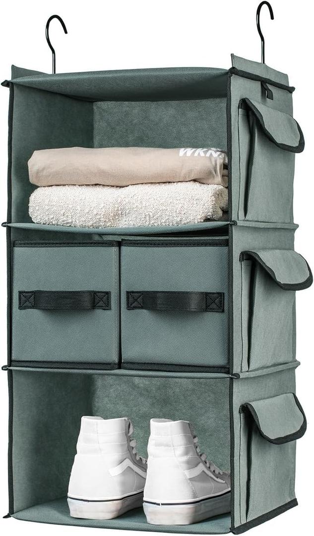 SMIRLY 6 Shelf Hanging Closet Organizer Hanging Shelves, Closet Hanging Organizer with 2 Sturdy Hooks for Wardrobe, Nursery, Storage (Grey, 3 Shelf)