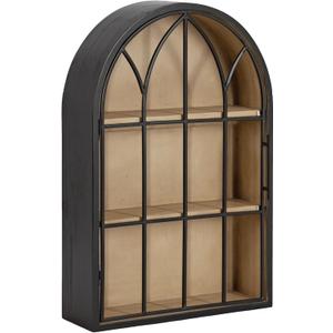 Kate and Laurel Megara Decorative Wooden Hanging Arched Wall Cabinet with Door for Open Storage; 16 x 6 x 24; Black and Natural Wood; Wooden Floating Wall Bathroom Cabinet for Above Toilet Storage