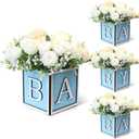 4 Set Baby Shower Centerpieces for Tables - 6 inch Wooden Boxes with Baby Letters Rustic Cube Planter Wood Blocks for Boy Girl Gender Reveal Party Favor (Blue)