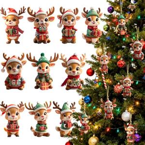 Christmas Tree Ornament Decoration, 10Pcs Christmas Tree Acrylic Pendant, Cute Reindeer Xmas Tree Accessories Christmas Pendants Hanging, Fun Deer Christmas Ornaments