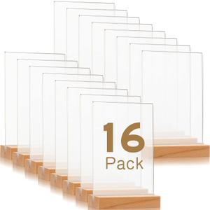 Vinsot 16 Pack 4 x 6 Inch Clear Acrylic Sign with Wood Base T Shape Sign Holder Vertical Blank Stands Desktop Display Plastic Menu Frame Double Sided Flyer Stand for Wedding Restaurant Party Decor