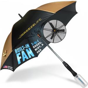 Breeze Life Original Mister Breeze (Black & Gold Design) Sun Umbrella with Fan and Mist Spray Portable Fan Umbrella with Mister, 41" UV Shade, 34 Hr Runtime Ideal for Festivals, Beach & Sports, AA Battery