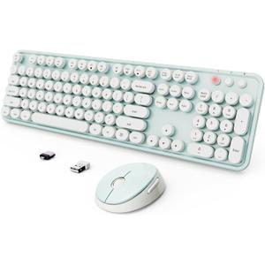 Wireless Keyboard and Mouse Combo, Ergonomic Full Size Typewriter Retro Round Keycaps Keyboard, Compatible with Windows, PC, Perfer for Home and Office KeyboardsGreen