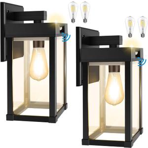 Solar Wall Lights Outdoor with 3 Lighting Modes & Motion Sensor, Solar Porch Light with 2 Bulbs, Waterproof Outdoor Wall Sconce Lantern Lamp Fixture for Garage Porch Shed Barn Yard Garden Front Door
