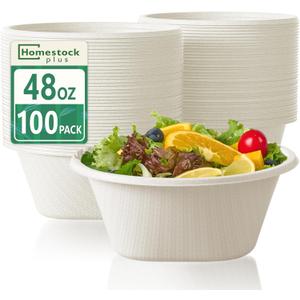 Homestockplus Large Disposable Bowls 48 Oz Heavy Duty Compostable Paper Bowls [100 Pack], Extra Large Catering Bowls for Restaurants, Salad, Buffet, Eco-Friendly Microwave Safe (White)