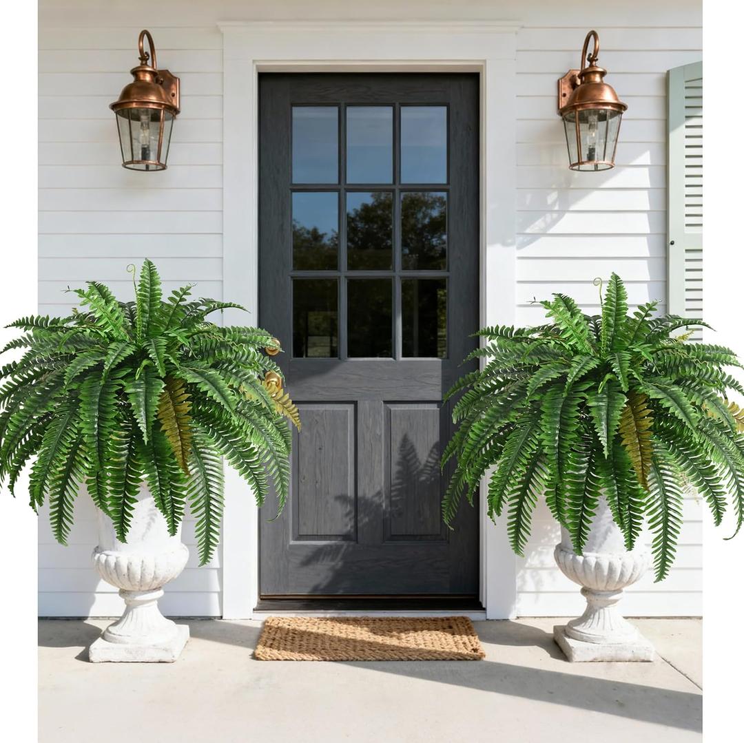 2PCS 45in Fake Ferns- Large Artificial Plants Outdoor, UV Resistant Artificial Ferns for Outdoors, Weatherproof Faux Boston Fern Realistic Fake Plants for Porch Home Garden Patio Hanging Decor