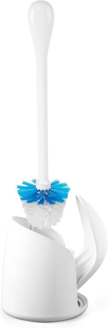OXO Good Grips Compact Toilet Brush & Canister, Toilet Bowl Brush and Holder with Automatic Canister Door, Bathroom and Small Spaces Cleaning Supplies Essential (1 Count (Pack of 1), White)