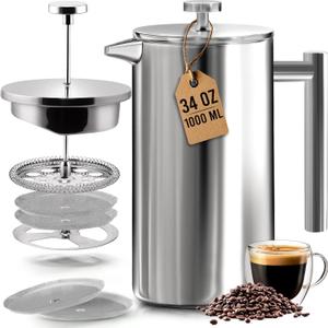 Utopia Kitchen 304 Grade Stainless Steel French Press Coffee Maker 34 Oz, Double Wall Insulated Coffee Press with 4-Level Filtration System, Include 2 Extra Filters, Rust-Free, Dishwasher Safe, Silver