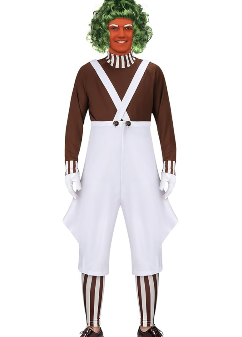 Mens Candy Chocolate Factory Worker Costume Shirt Jumpsuit Outfit with Gloves Leggings Adult Halloween Cosplay Props, Small