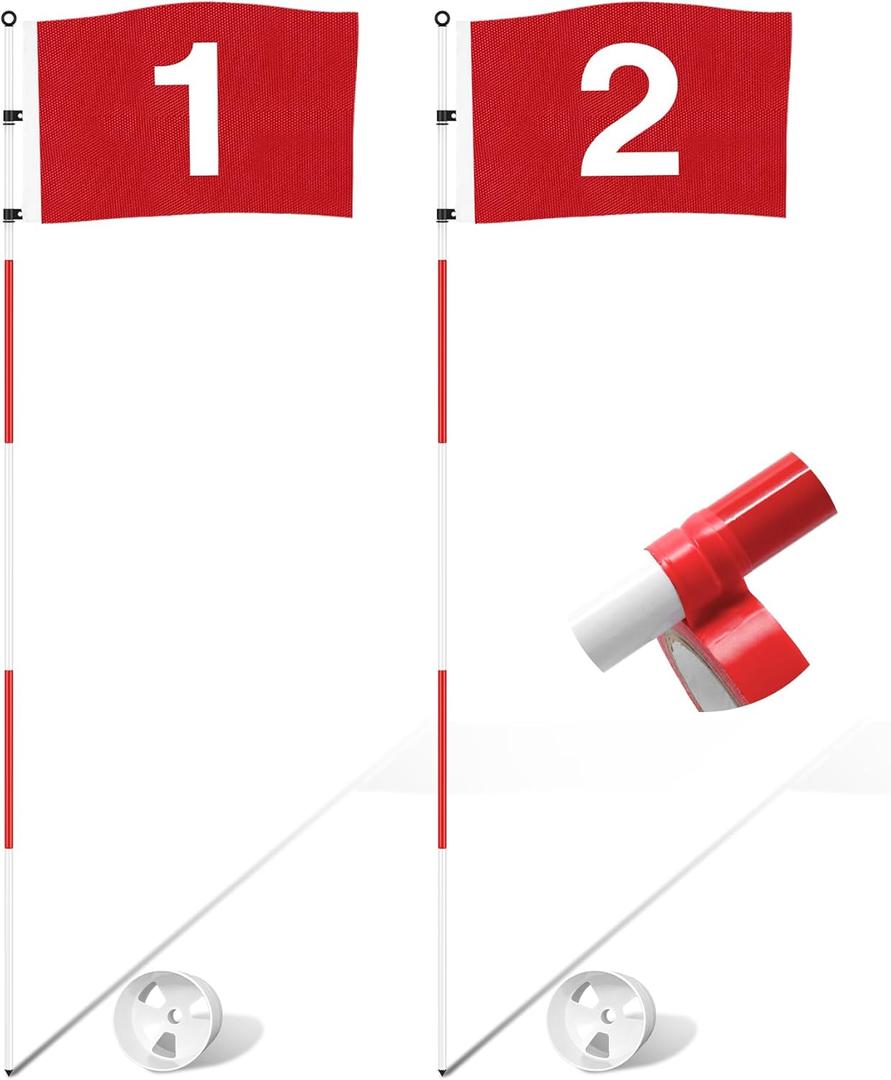 KINGTOP Golf Flagstick 6ft, Portable Five-Section Design for Backyard Practice Putting Green, Driving Range Golf Pin Flag Hole Cup Set, Gift Idea (Basic- Red- 2 Pack)