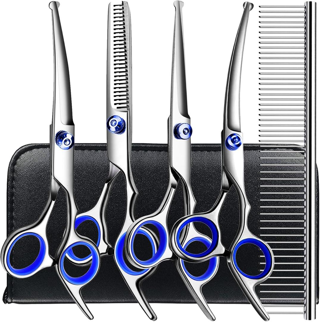 Professional 6 in 1 Dog Grooming Scissors Kit, Titanium Coated Dog Scissors for Grooming, Grooming Shears Kit for Dogs Cat Pet At Home