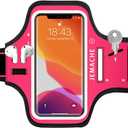 iPhone 17 16 Pro Armband, JEMACHE Gym Workouts Running Arm Band for iPhone 17/16/15/14/13 Pro with Airpods Holder (Rosy)