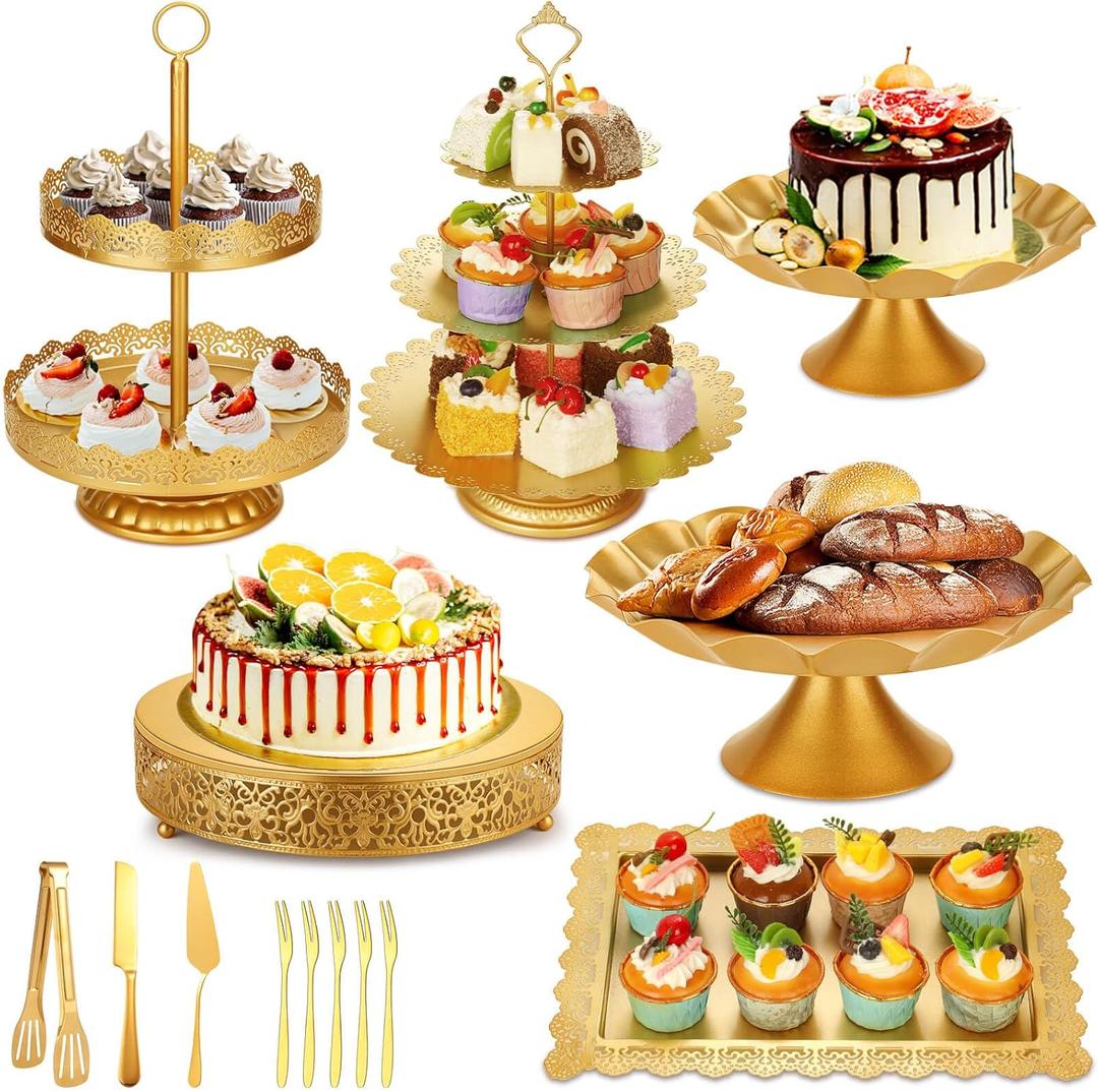Audab Gold Dessert Table Display Set, Including Cake Stand, Cupcake Stand, Serving trays, Platters, Cake Cutting Set and Serving Tongs for Vintage Wedding Decor, Party Food Decorations