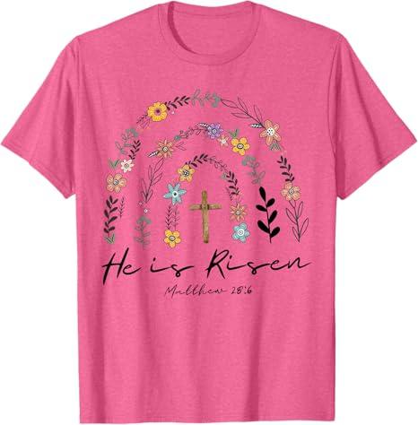 He Is Risen Flowers Rainbow Jesus T-Shirt, XL