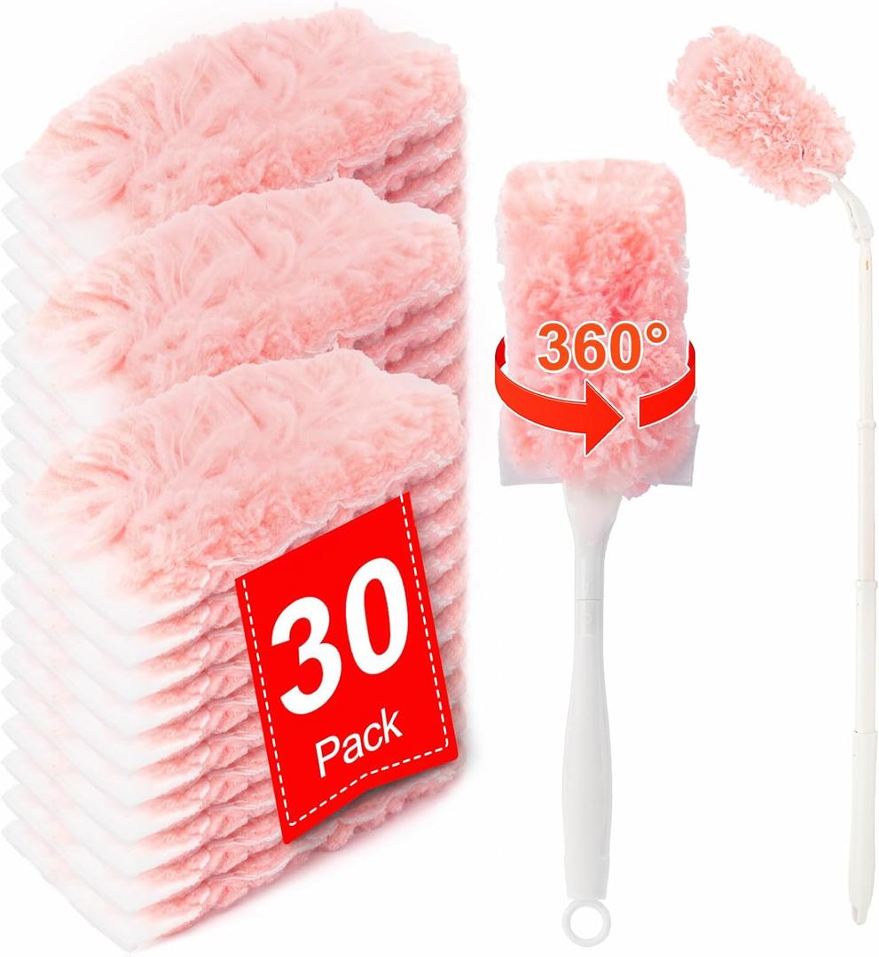 KeFanta Heavy Duty Duster Refills Kit for Swiffer Duster, 4X Microfiber Multi Surface Dusters for Cleaning with 3 ft Extended Handle, 1 Short Handle, 30 Refills (Pink)