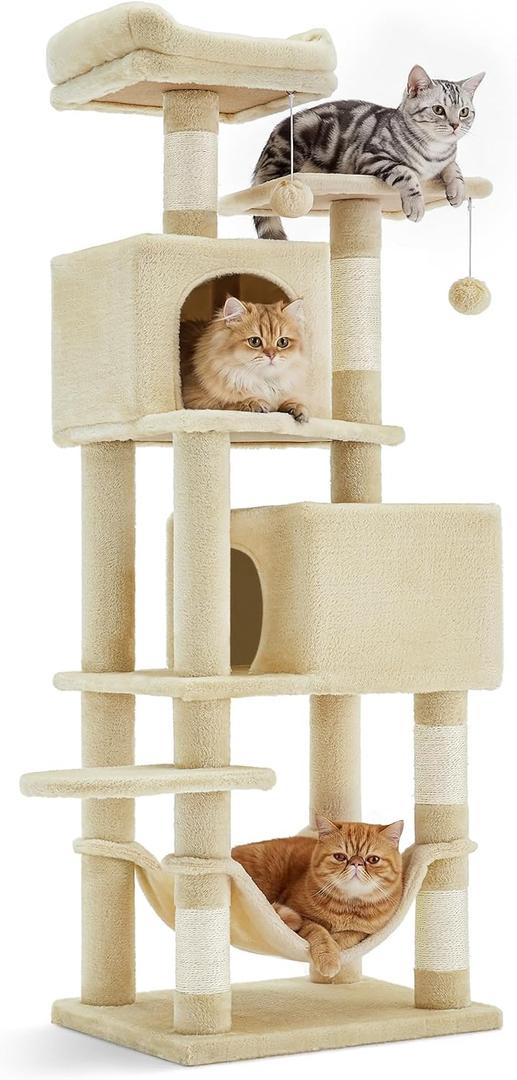 SONGMICS HOME Cat Tree for Indoor Cats, Multi-Level Cat Tower with Sisal Scratching Posts, Hammock and Condo, Beige, 59.6 Inches
