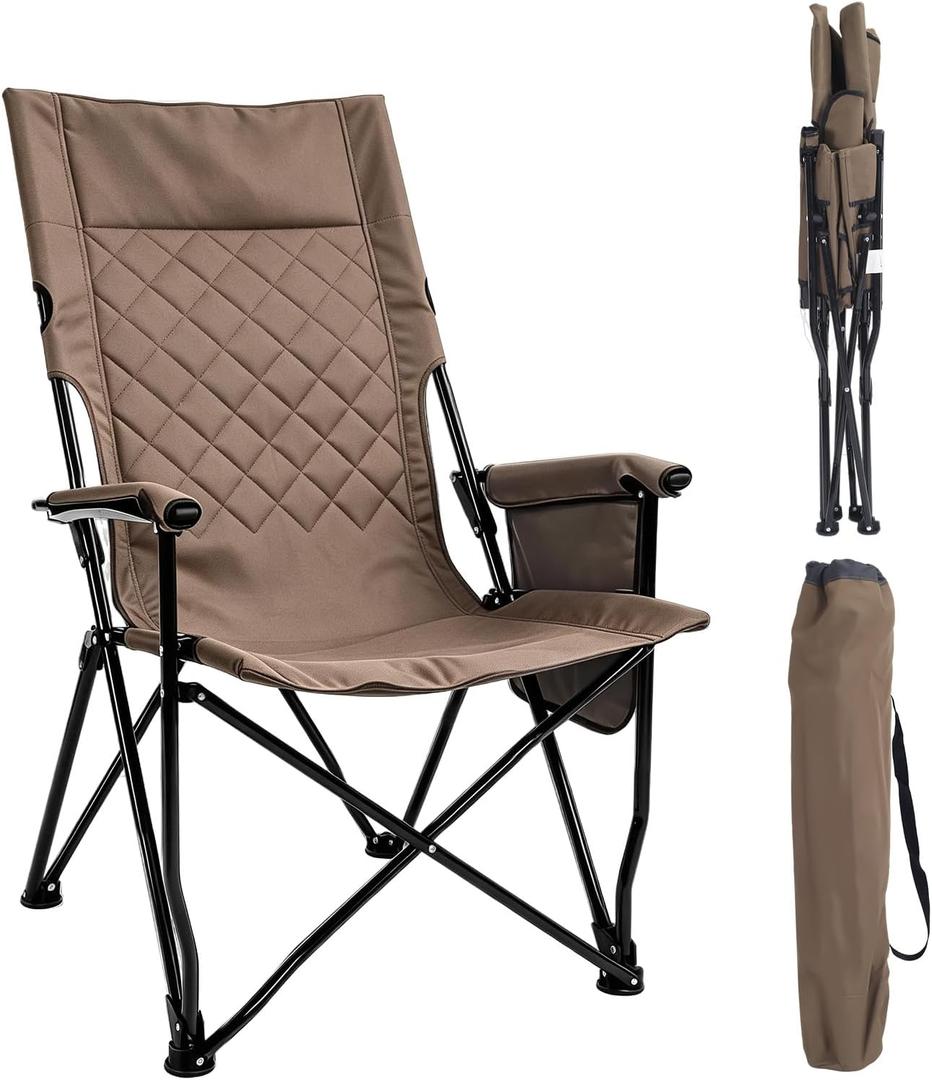 Folding Camping Chair, High Back Padded Portable Camp Chair with Storage Bag, 600D Oxford Fabric Comfortable Chair for Outdoor Camping, Beach, Fishing (Khaki)