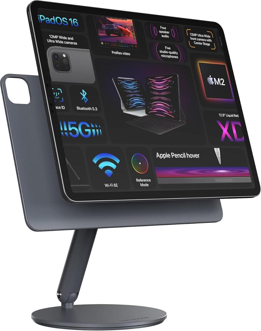 LULULOOK Magnetic iPad Stand for iPad Pro 12.9'', iPad Air 13" M2 (2024), 360 Rotating Aluminum Alloy Tablet Stand for Desk Foldable iPad Holder for iPad Pro 12.9'' 6th/5th/4th/3rd, iPad Air 13 inch