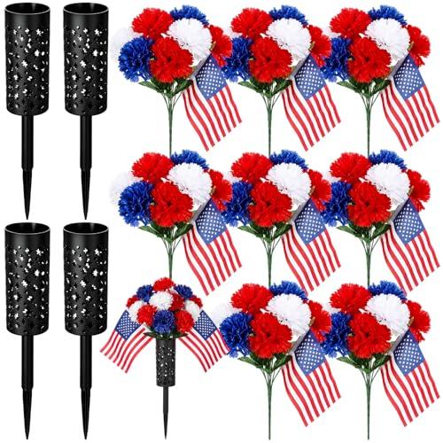 Rivvlive 4 Sets 4th of July Patriotic Cemetery Flowers for Grave 8 Bunches Red White Blue Artificial Floral with American Flag Grave Vase for Gravesite Headstone Tombstone Veterans Decor(Carnation)