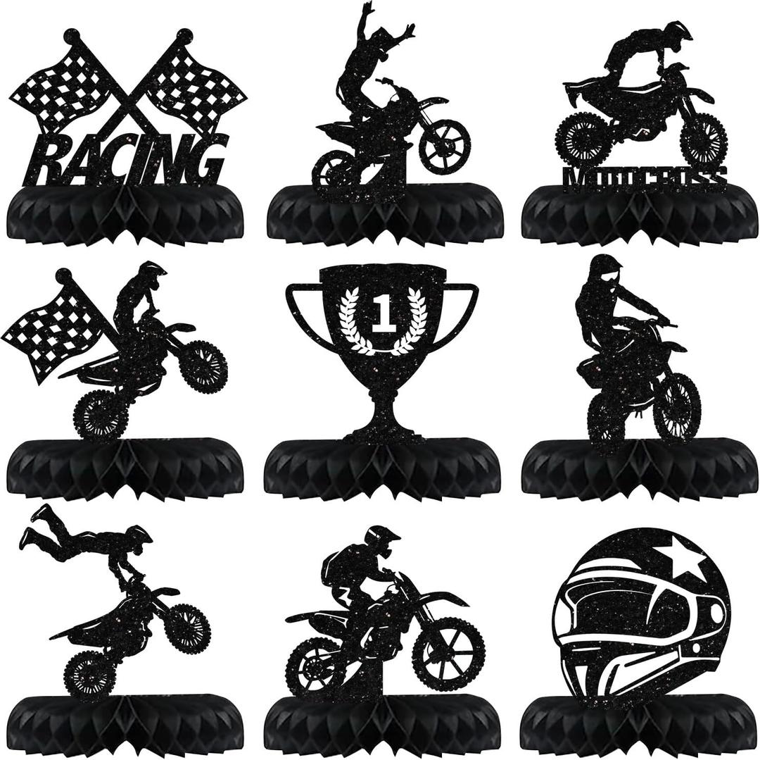 9 Pcs Dirt Bike Party Decorations Motorcycle Birthday Honeycomb Table Centerpiece Glitter Black Racing Theme Birthday Party Supplies Photo Booth Props