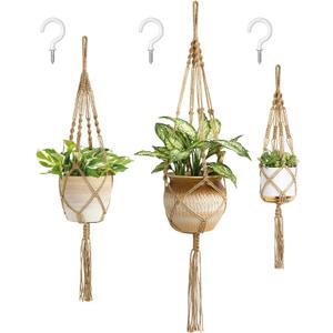 Mkono Macrame Plant Hangers, 3 Different Sizes Indoor Hanging Planters Basket Decorative Flower Pots Holder Stand Boho Home Decor, Brown
